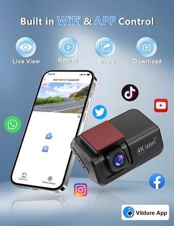 Відеореєстратор Chortau Dashcam 4K+1080P з двома камерами, WiFi, LCD 3 дюйми, 64GB SD, Нічне бачення, G-сенсор, Park Mode