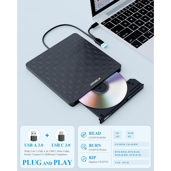 Зовнішній DVD-привід ORIGBELIE, CD-брунер з 4 USB та 2 TF/SD слотами, ультратонкий оптичний накопичувач для ноутбука, ПК, Mac OS, Windows, Linux