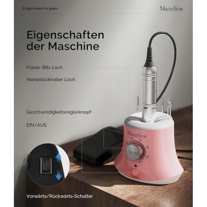 Електричний фрезер для нігтів MelodySusie 30000 об/хв: професійний набір для манікюру та педикюру з педаллю, для гелю та акрилу, білий (C-рожевий)