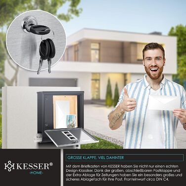 Поштова скринька KESSER® з газетницею та іменним шильдиком, нержавіюча сталь, матова, з оглядовим вікном, 3 ключі, порошкове покриття, настінний монтаж, велика, з матеріалом для монтажу (Чорний / Срібний)
