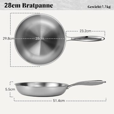 Сковорода Deedro 28 см, індукційна, нержавіюча сталь, без покриття, для всіх типів плит, знімний ручка, можна використовувати в духовці та мити в посудомийній машині