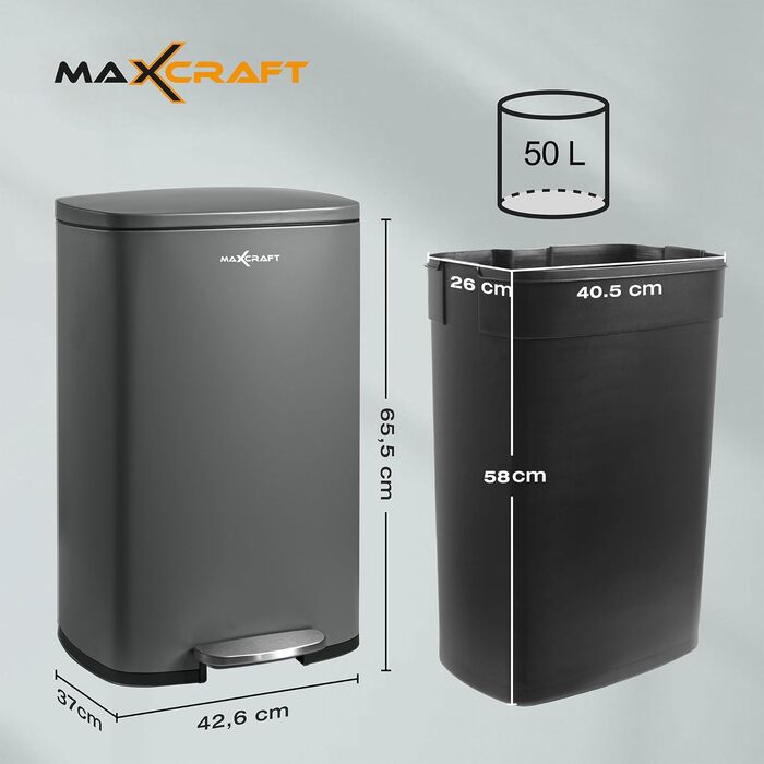 Сталевий відро для сміття з педаллю, 50 літрів, з внутрішнім відром з пластику, з м'яким закриттям, для кухні, ванної кімнати або офісу, сірий колір