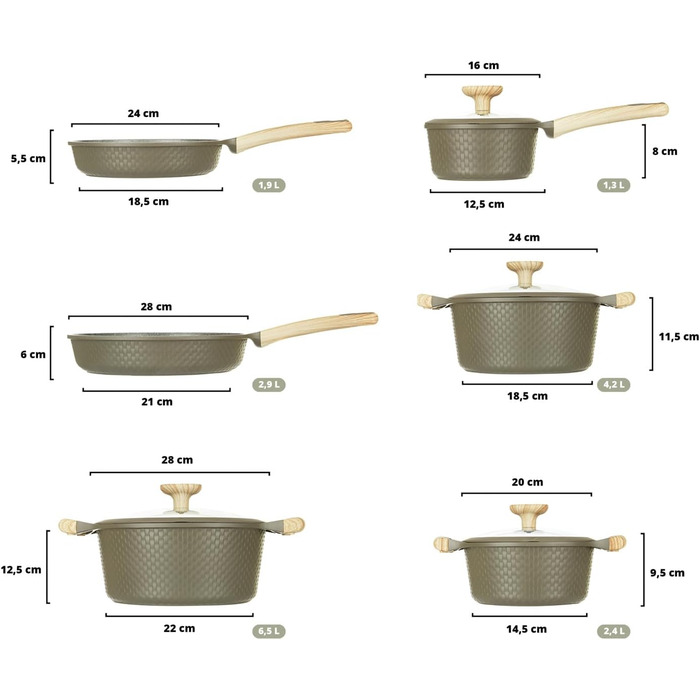 Набір посуду KASANOVA Bambù з антипригарним покриттям, 10 предметів, індукція, скляні кришки (Зелений)