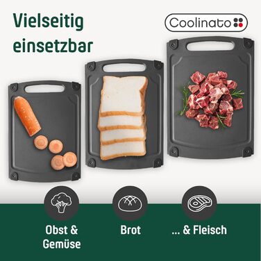 Набір кухонних дощок Coolinato з пластику сірого кольору (3 шт.) S/M/L – антибактеріальні, з жолобом для соку, неслизькі, з ручкою. 3 розміри для гігієнічного розділення. Набори кухонних дощок сірого кольору, розміри S, M та L, придатні для миття в посудо