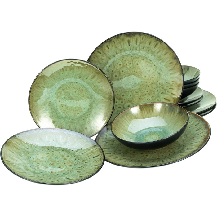 CreaTable Набір посуду Jawa, 18 предметів (12 тарілок) з каменю, для 6 осіб, зелений, миється в посудомийній машині, підходить для мікрохвильовки