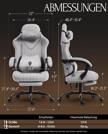 Ігрове крісло Dowinx з масажем, ергономічне, до 135 кг, сіре. Підтримка попереку та шиї, регулювання висоти, шкіра для дорослих