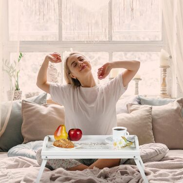 Столик для ліжка Relaxdays з бамбука, складний, з ручками, піднятий борт, для сніданку та сервірування, 22x65x30 см, білий