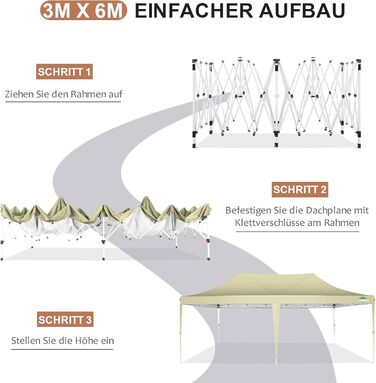 COBIZI Pavilion 3x3 Waterproof Stable Winter-Proof Party Tent 3x3 with 4 Side Panels Pop-Up Folding Pavilion UV Protection 50+ Garden Pavilion with Handbag, 8X Stakes and 4X Wind Rope, (Khaki, 3x6 m)