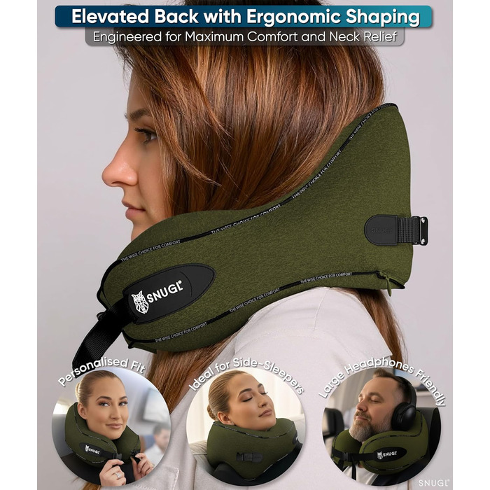 Подушка для шиї SNUGL з Memory Foam, регульована та миюча | Зручна подушка для подорожей на літаку, в авто та в дорогу | Подушка-шия, Neck Travel Pillow (доросла, маленька, оливковий)