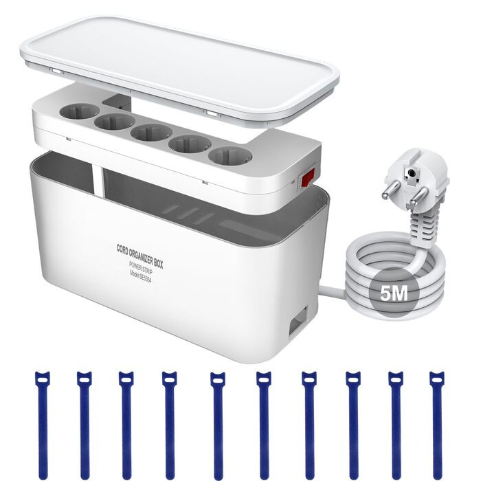 Мережевий фільтр з кабельною коробкою: 5 розеток, 3 USB, органайзер для кабелів, захист від перенапруги, 29.5 x 14 x 14 см, 2 м кабель