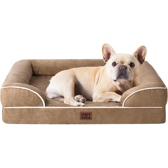 Ортопедичне ліжко для собак EHEYCIGA, 76x51 см, Memory Foam, для собак середніх та маленьких порід, з високим бортиком, водонепроникне, неслизьке, Kamel