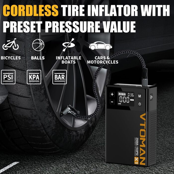 VTOMAN X1 Портативний пусковий пристрій з повітряним компресором, 2500A, акумуляторний, для автомобілів з бензиновими (до 8,5 л) та дизельними (до 6 л) двигунами, цифровий надувний насос 150 PSI, 12V, зарядний пристрій
