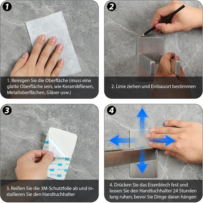 Тримач для рушників на стіну, нержавіюча сталь, без свердління, подвійний, срібний | Handtuchhalter