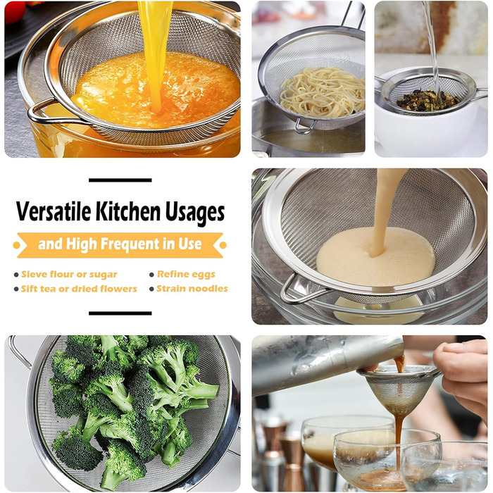 Набір сит кухонних, 3 шт. (8, 16, 18 см), нержавіюча сталь. Сито для борошна, макаронів, кіноа з неслизькими, ізольованими ручками. Набір сит з дрібною сіткою з пластиковою ручкою
