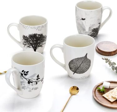 Набір з 4 чашок для кави, 350 мл, кераміка, з різними малюнками дерев, чашка для кави