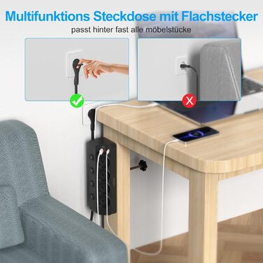 Мережевий адаптер PD 20W з плоским штеплером, розетка FDTEK 4-портова з індивідуальним вимикачем, 4000W, 16A, USB-C, розетка для столу з вимикачем, настільна розетка з кріпленням на стіну, кабель 2м (Чорний з кріпильною пластиною)