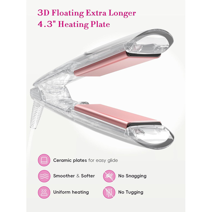 LANDOT Випрямляч для волосся з широкою керамічною поверхнею – професійний випрямляч з 12 температурними режимами (120–230°C), рівномірним розподілом тепла для блискучого волосся, швидким нагрівом, рожеве золото 45 мм (чорний 25 мм)