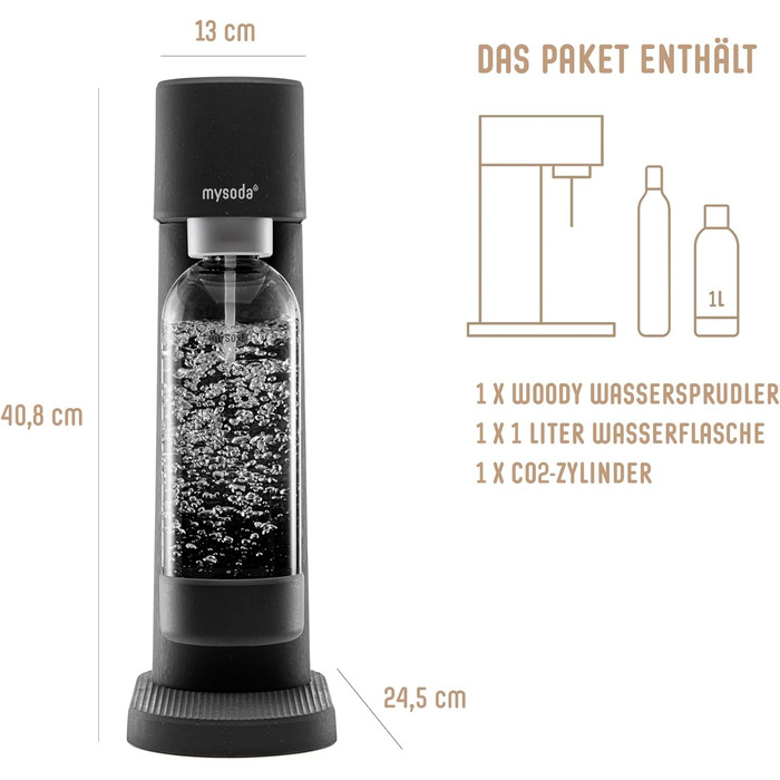 MySoda Pack Woody: Газова машина для води з екологічного дерева з пляшкою Quick-Lock PET та CO2 балончиком (чорний)