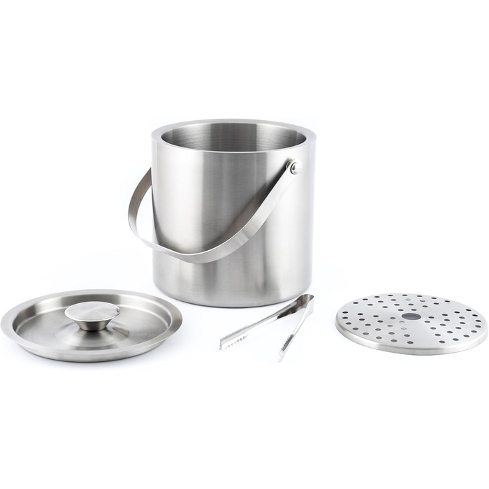 Hanseküche Large Ice Cube Container Ice Bucket 3L including Lid, Tongs, and Double Bottom - 304 Stainless Steel - Double-Walled Insulated - Very Long-Lasting Thermal Effect - Ideal for Keeping Drinks Cold for Extended Periods