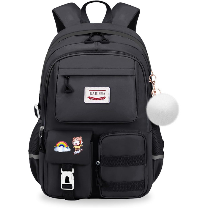 Шкільний рюкзак Tanou для дівчаток-підлітків, 9-16 років. Великий, водонепроникний, з брелоком (чорний)