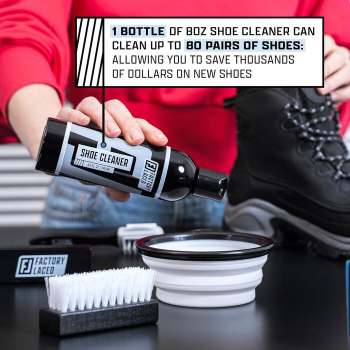 FACTORY LACED Shoe Cleaner Sneaker Kit - The ultimate sneaker cleaning experience including 240ml shoe cleaner, 4 shoe brushes, 2 shoe shapers, and a microfiber cleaning cloth