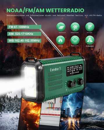 Радіо Kurbelradio 20000mAh сонячне з ручним заводом, AM/FM, SOS, LED-ліхтарик, USB зарядка для телефону, аварійне живлення, зелений