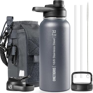 OneTigris Stainless Steel Water Bottle, 0.9L High Capacity, Insulated Sports Bottle for Cycling, Camping, Yoga, Gym, Softair, 32OZ (Gray)