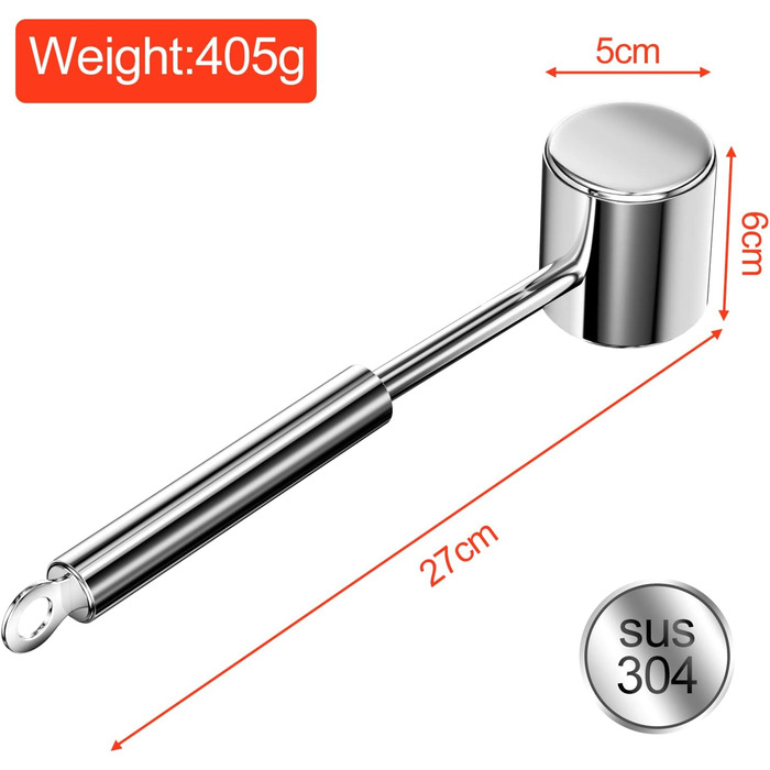 Металевий молоток для відбивання м'яса з нержавіючої сталі 304, 27 см, для відбивання шніцелів, стейків, яловичини, молоток для м'яса, двосторонній, срібний, для миття в посудомийній машині