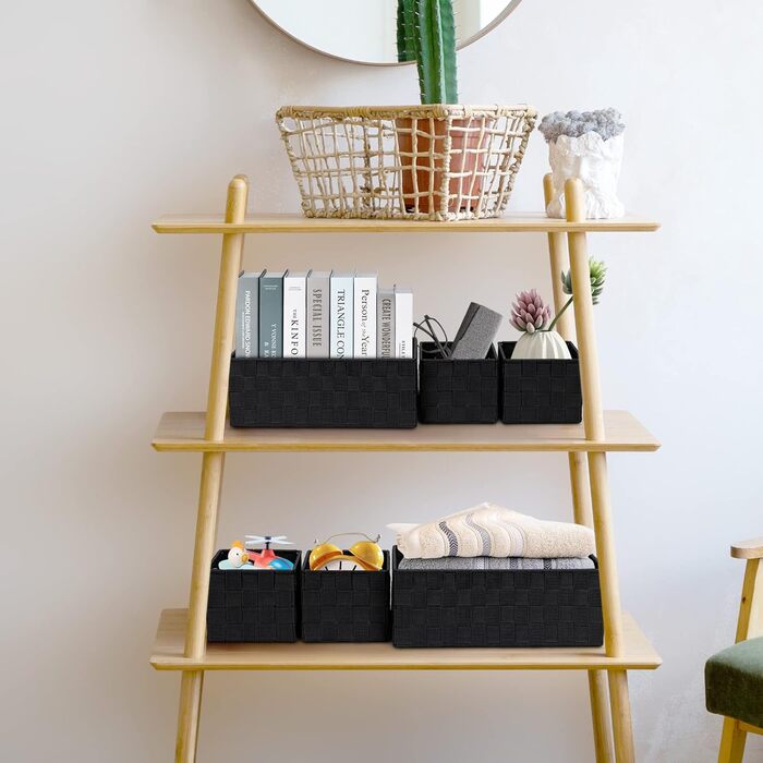 Posprica Drawer Organizer, Handwoven Storage Boxes Closet Divider for Desk, Dresser, Drawers, Cabinets, Cosmetic Organization, 4-Piece Set (Black, 6 Pieces)