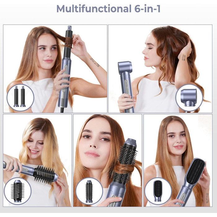 Набір для укладки волосся 6 в 1: фен-щітка, плойка, іонізація, холодний/теплий режим, 110000 обертів/хв, тиха срібна модель