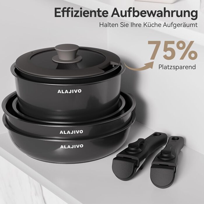 Набір посуду 17 предметів з знімним ручками, антипригарне покриття, для всіх типів плит, включаючи індукційні, сумісний з духовкою (темно-сірий)