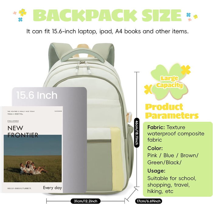 Шкільний рюкзак для дівчинки-підлітка 2025, рюкзак для школи/гімназії, водонепроникний, для ноутбука 15.6