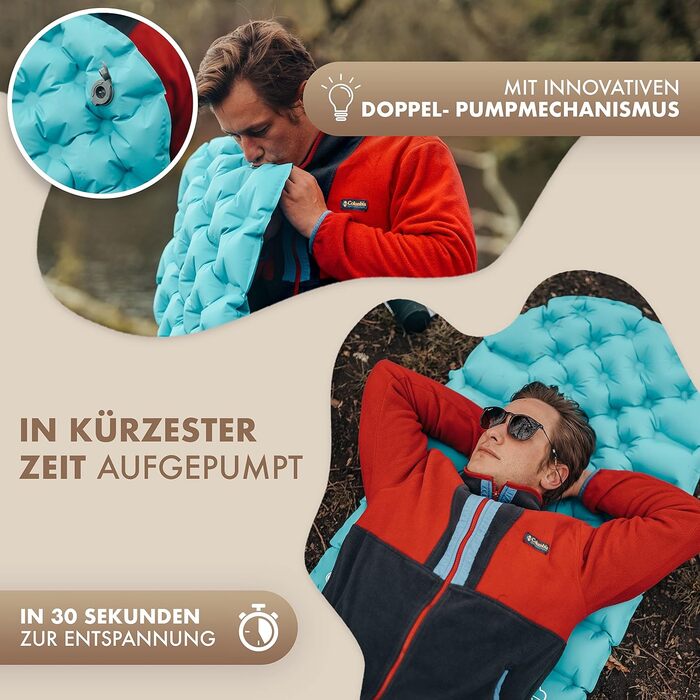 Килимок туристичний надувний NaturBummler® Ultraleicht [Cloud Nap+] (195x56 см) – для кемпінгу, трекінгу, фестивалів, подорожей – вологостійкий, складаний, зелений/блакитний