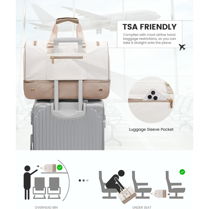 Сумка-мішок LOVEVOOK для подорожей, 37L, жіноча, для ручної поклажі, weekender, з органайзером для косметики, відділенням для взуття та вологонепроникним кишеням, водонепроникна спортивна сумка, пляжна сумка, для відпочинку, авіаперельотів, кемпінгу, M, K