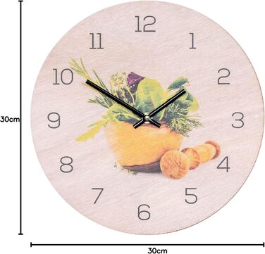 Levandeo Wall Clock, 30x30cm, Clock as Image, Kitchen, Herbs, Spices, Cooking, Decoration (Wood, Round)