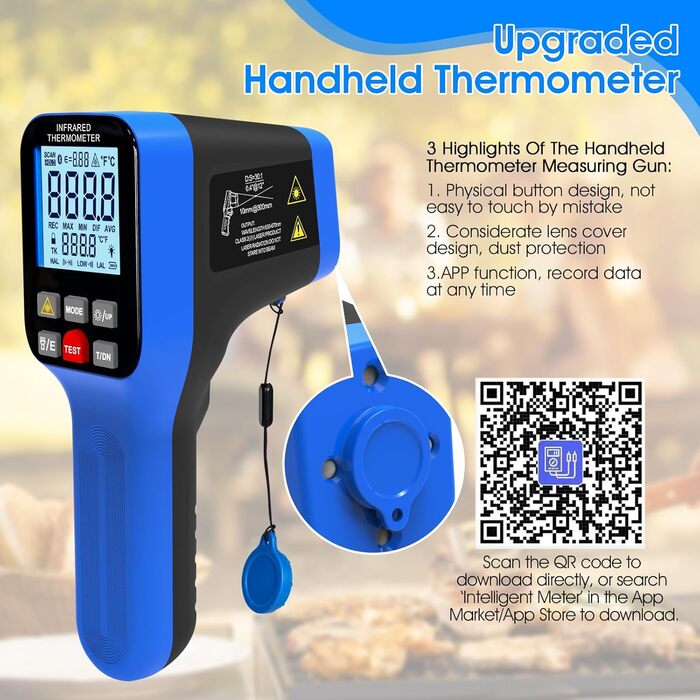Інфрачервоний термометр 30:1 з лазером та APP, IR термометр -50℃-1600℃, 8-14μm, безконтактний, Max/Min/Avg/DIF, 1600B-APP