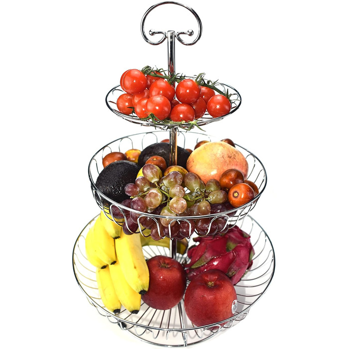 Металевий кошик для фруктів та овочів з ручкою - 3 яруси, великий, з нержавіючої сталі, з циркуляцією повітря (45см, Ø30-24-16.5см), сріблястий