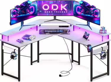 Ігровий стіл ODK з LED-підсвіткою, 2 розетками та 2 USB, кутовий білий комп'ютерний стіл з підставкою для монітора 129x129 см для геймінгу та домашнього офісу