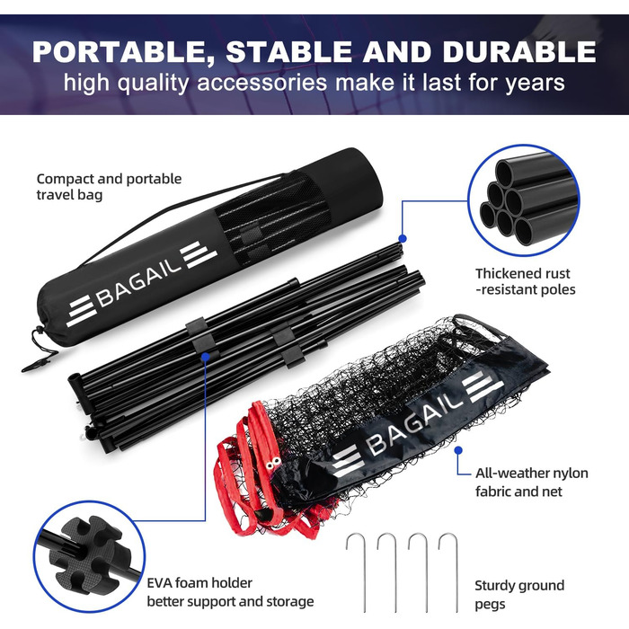 BAGAIL Adjustable Badminton Net Set - Portable Badminton, Tennis & Volleyball Net with Stand & Carry Bag (4.2M, Red/Black)