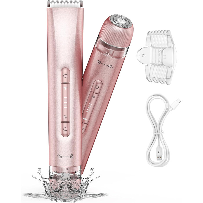 Електричний пристрій для видалення волосся Lady Shaver 2-в-1: електробритва та тример для бікіні. Безболісне видалення волосся для обличчя, тіла, ніг, рук та зони бікіні. IPX7 водонепроникний, рожевий колір.
