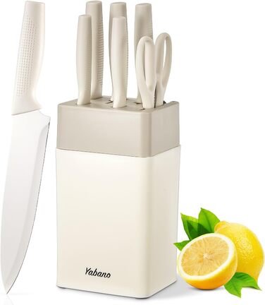 Набір кухонних ножів Yabano, 7 предметів: ніж кухарський, ніж для хліба, ніж для овочів, ніж для м'яса, ніж для чистки, ніж для стейка, ніж для овочів з інтегрованим точилом та пластиковим блоком (білий)