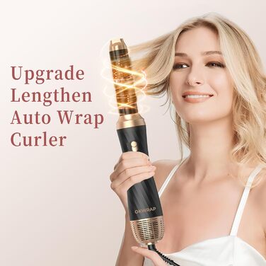 Набір для укладки волосся OKWRAP Airstyler 6 в 1: фен-щітка, автоматична завивка, об'ємні насадки, чорний/золотий