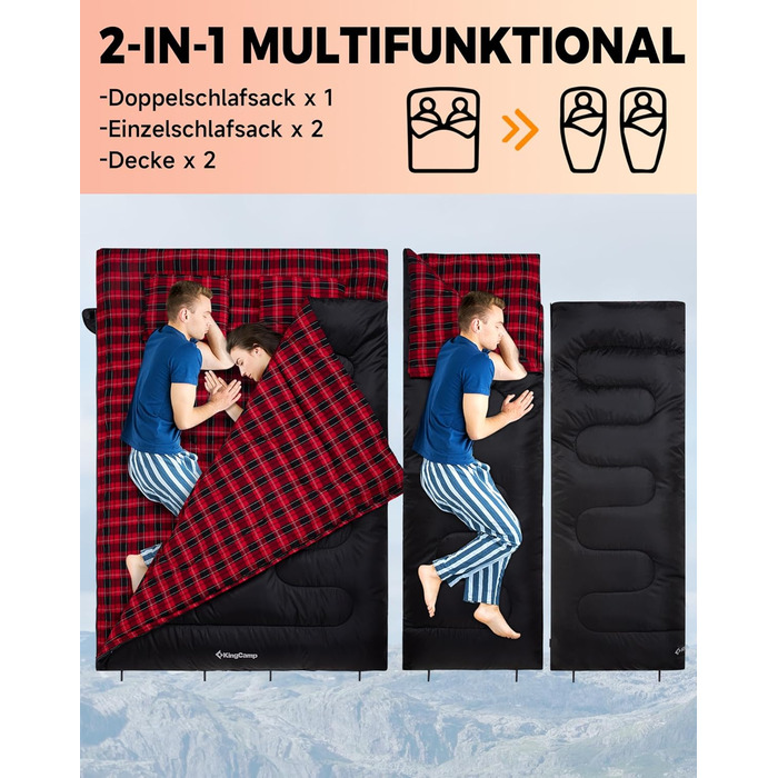 KingCamp 2-Person Winter Sleeping Bag - Warm, Portable, 3-4 Season Camping Sleeping Bag with Flannel Pillows - for Kids & Adults