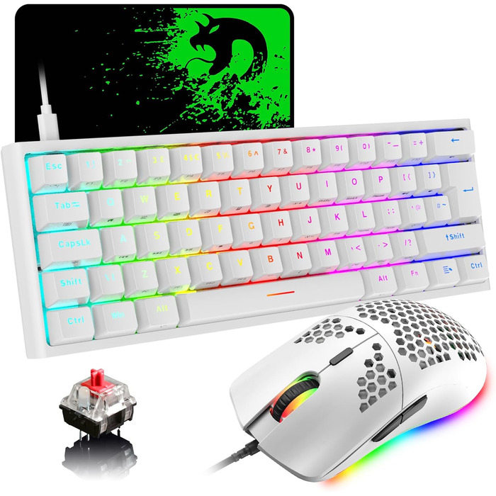 Ігрова комбінація клавіатури та миші MAGIC-REFINER: механічна клавіатура 62 клавіші, миша 12000 DPI, RGB-підсвічування, USB-C, для PC/Mac/Win, білий (червоний перемикач)