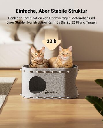 Felt Cat Cave, Felt Cat House, Cat Bed, Cat Cave for Cats, 58 x 33 x 30cm, Peek-a-Boo for Play, Winter-Proof, Cat Nail Protection, Beige (Felt Cat Cave Grey)