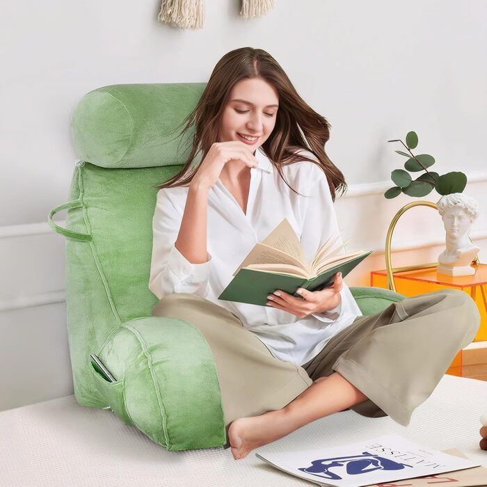 Подушка для читання з велюру, підтримка спини та рук для дорослих, кругла подушка для ліжка, з кишенею та знімним чохлом (зелена)