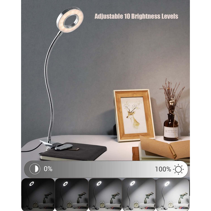 LED лампа для читання з кліпсою, диммер, 3 режими, 10 рівнів яскравості, срібляста, 8W