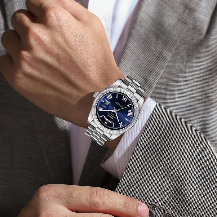 Годинник NIBOSI для чоловіків: аналоговий кварцовий годинник з діамантовою лускою, сталевий циферблат рожевого золота, водостійкий бізнес-класичний годинник з датою та днем тижня, срібно-блакитний колір