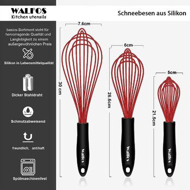 Набір міксерів Walfos 3 шт. з силіконовими вінчиками, червоний, з нержавіючої сталі. Для збивання, змішування та приготування їжі.