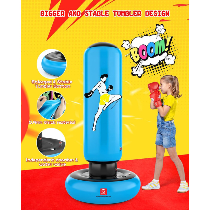 Дитячий боксерський мішок QPAU з рукавичками, надувний, 168 см, для хлопчиків та дівчаток 6-12 років, блакитний